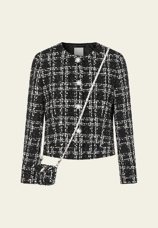 Doorbuster Deal Black and White-sequined Checker Tweed Jacket w. Mini Pouch