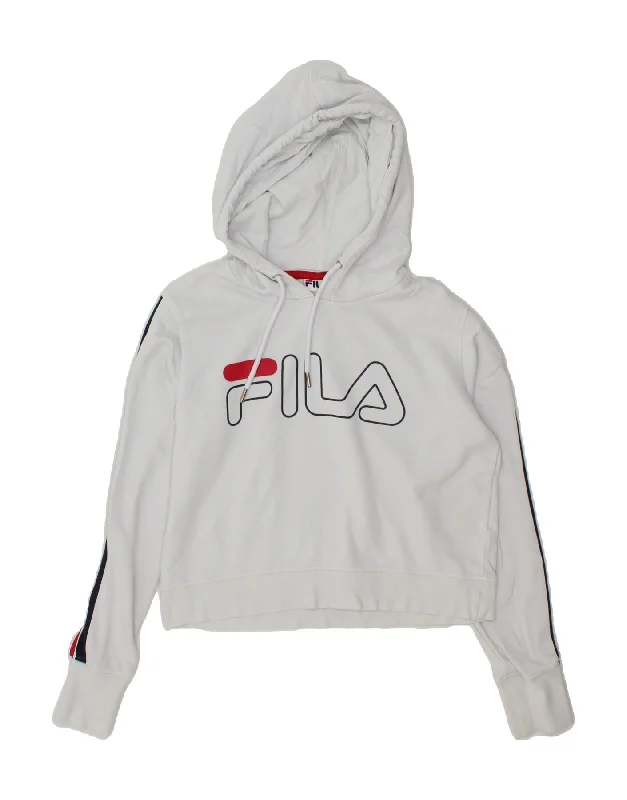 FILA Womens Graphic Crop Hoodie Jumper UK 14 Medium White Cotton