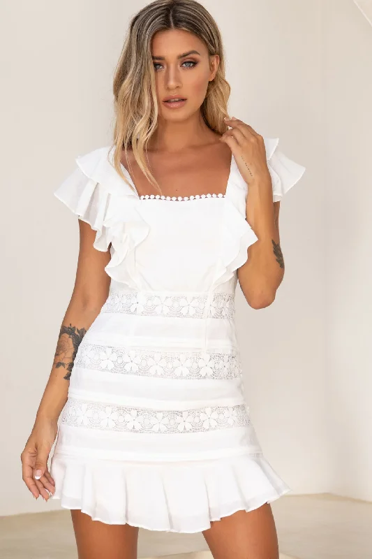 Savings Spectacular Good Graces Ruffle Shoulder Crochet Insert Dress White