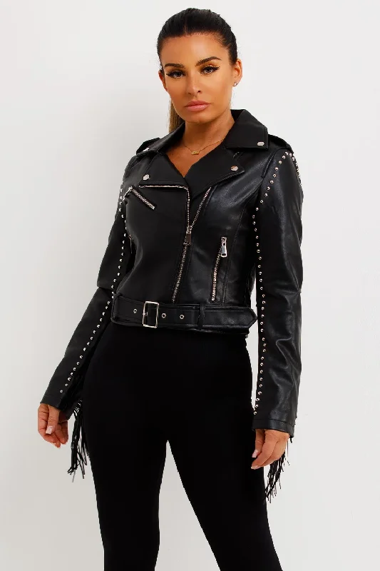Shop and Save Black Faux Leather Biker Jacket With Tassels And Stud Detail