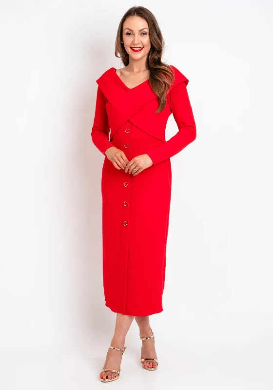 Price Drop Kameya Cross-Over Bodice Midi Dress, Red