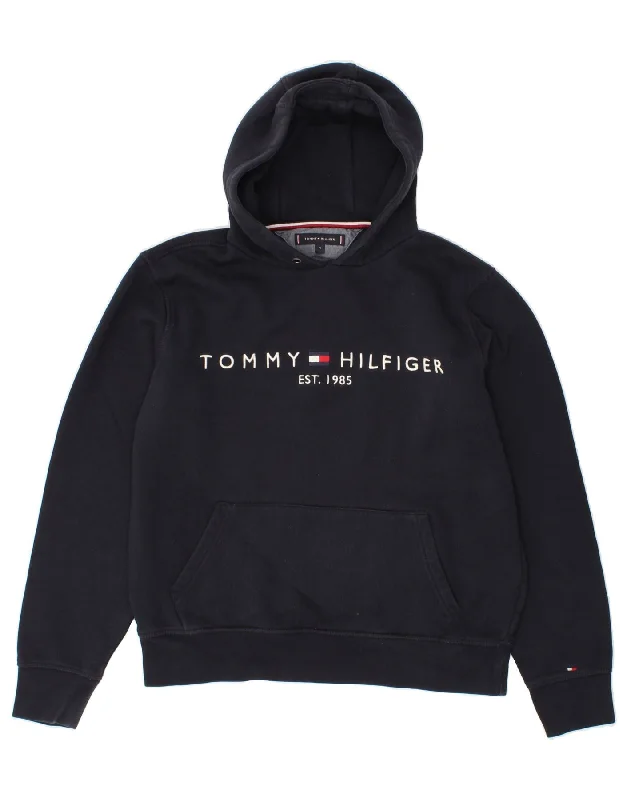 TOMMY HILFIGER Womens Graphic Hoodie Jumper UK 14 Medium Navy Blue Cotton