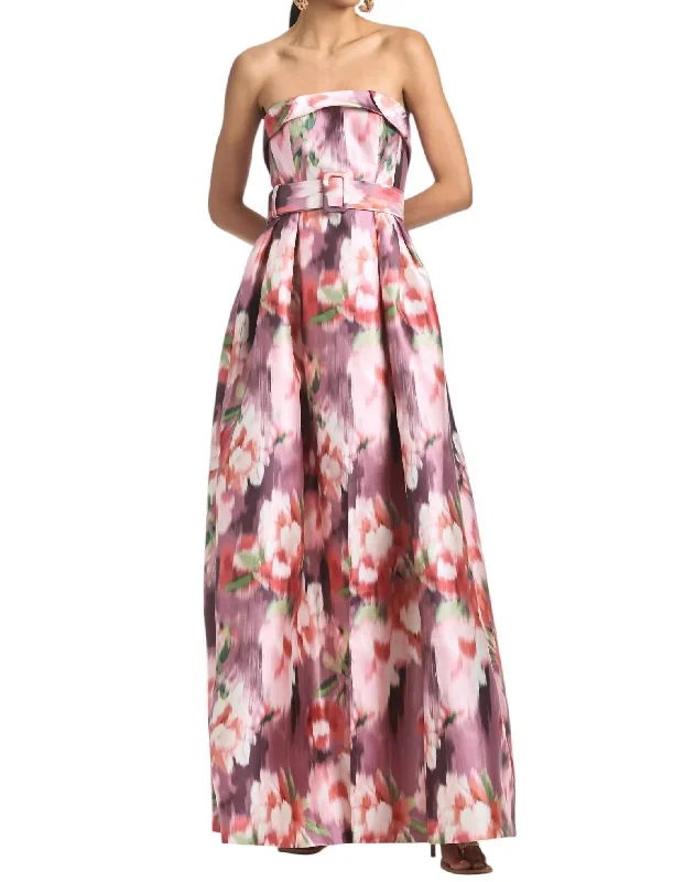 Brielle Gown With Belt In Mauve Ikat Floral