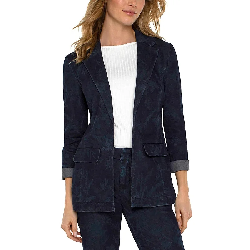 Womens Printed Denim Open-Front Blazer