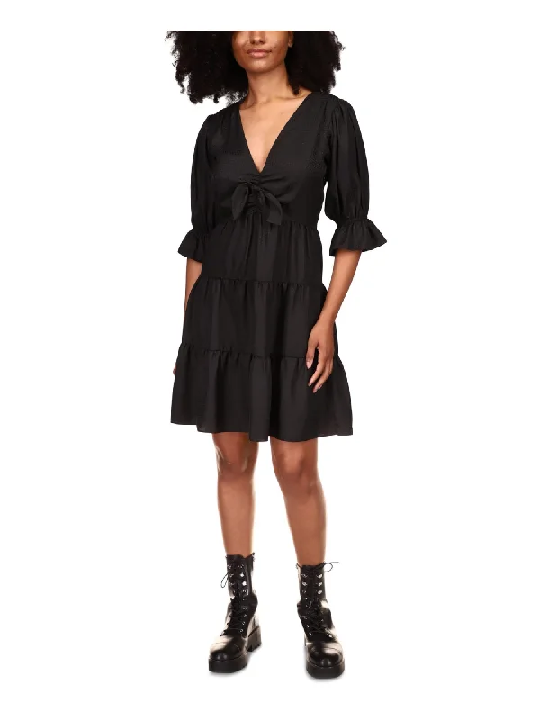 Holiday Sale MICHAEL MICHAEL KORS Womens Black Ruched Tie Flared Cuffs Tiered Skirt 3/4 Sleeve V Neck Short Party Fit + Flare Dress
