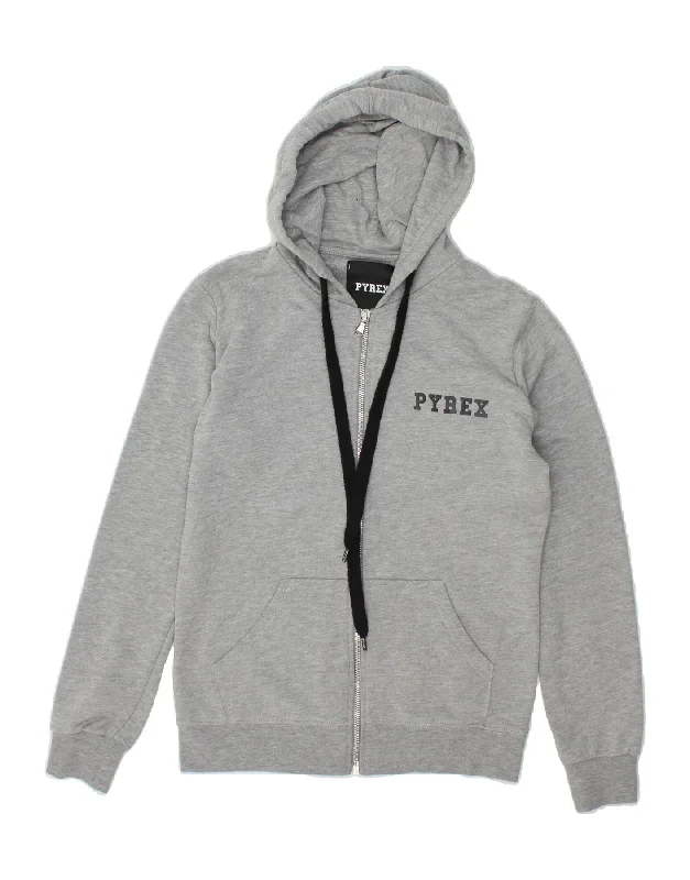 Final Sale PYREX Womens Oversized Graphic Zip Hoodie Sweater UK 6 XS Grey Cotton