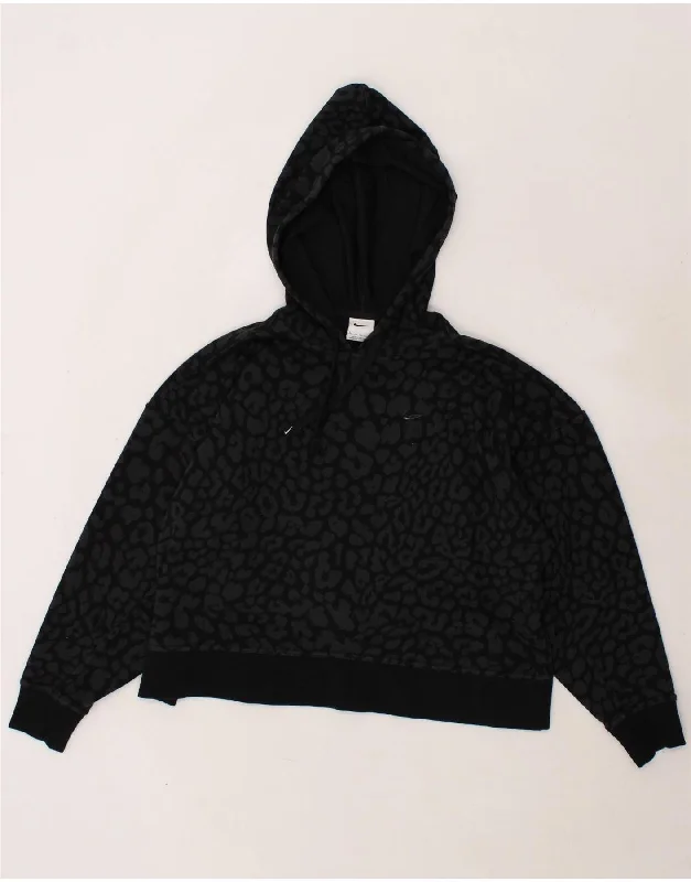 NIKE Womens Oversized Crop Hoodie Jumper UK 16 Large Black Animal Print