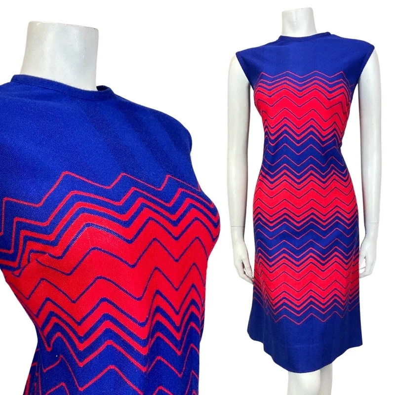 Hurry In VINTAGE 60s 70s BLUE RED ZIG-ZAG GEOMETRIC SLEEVELESS MOD KNIT DRESS 12 14