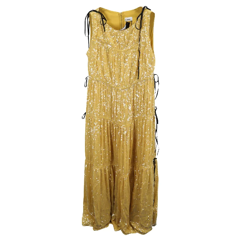 Amazing Deals Erdem Tie-Detailed Tiered Sequined Crepe de Chine Gown in Yellow Viscose