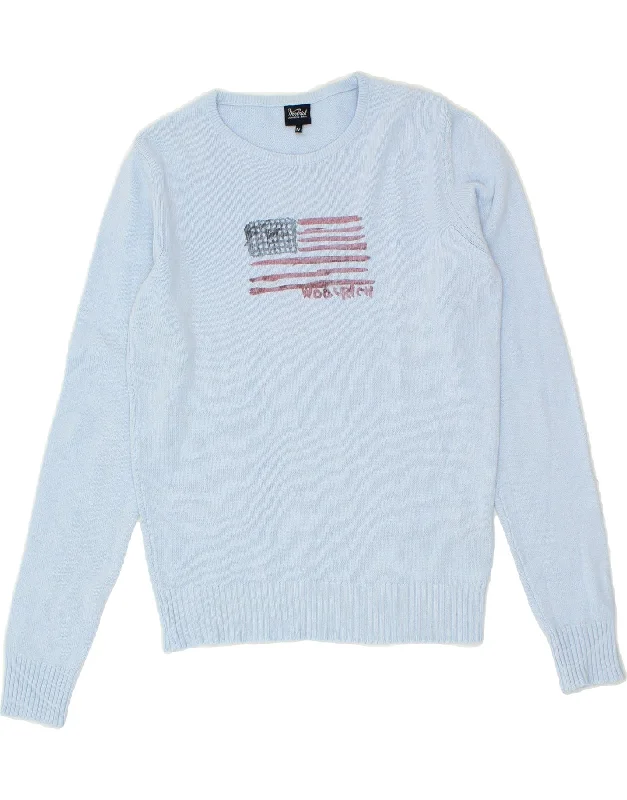 Steals and Deals WOOLRICH Womens Graphic Crew Neck Jumper Sweater UK 12 Medium Blue Cotton