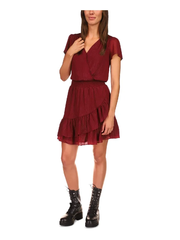 Price Break MICHAEL MICHAEL KORS Womens Burgundy Smocked Sheer Lined Ruffled Hook And Eye Front Short Sleeve Surplice Neckline Above The Knee A-Line Dress