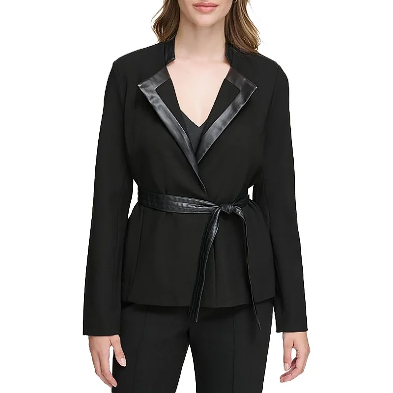 Womens Knit Faux Leather Trim Open-Front Blazer