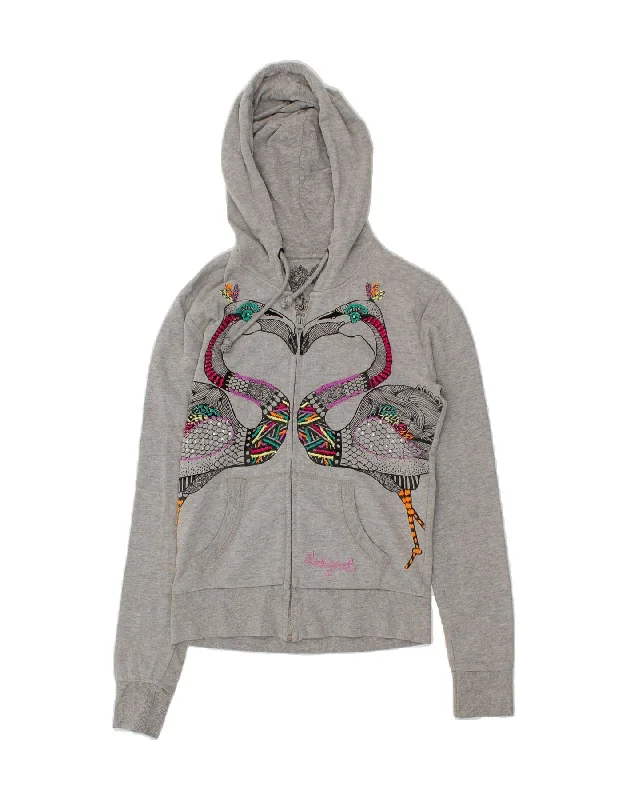 Price Fest DESIGUAL Womens Graphic Zip Hoodie Sweater UK 12 Medium Grey Cotton