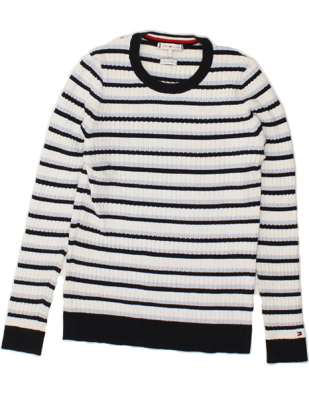 TOMMY HILFIGER Womens Boat Neck Jumper Sweater UK 16 Large White Striped