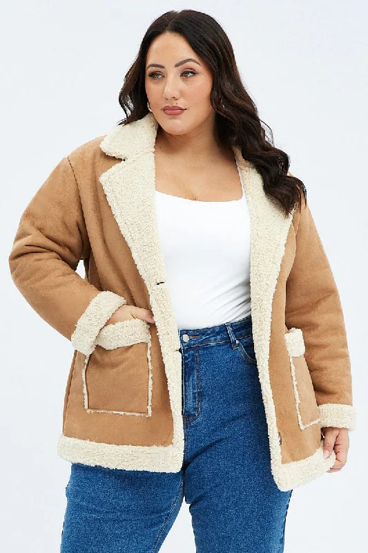 Camel Shearling Coat Faux Suede