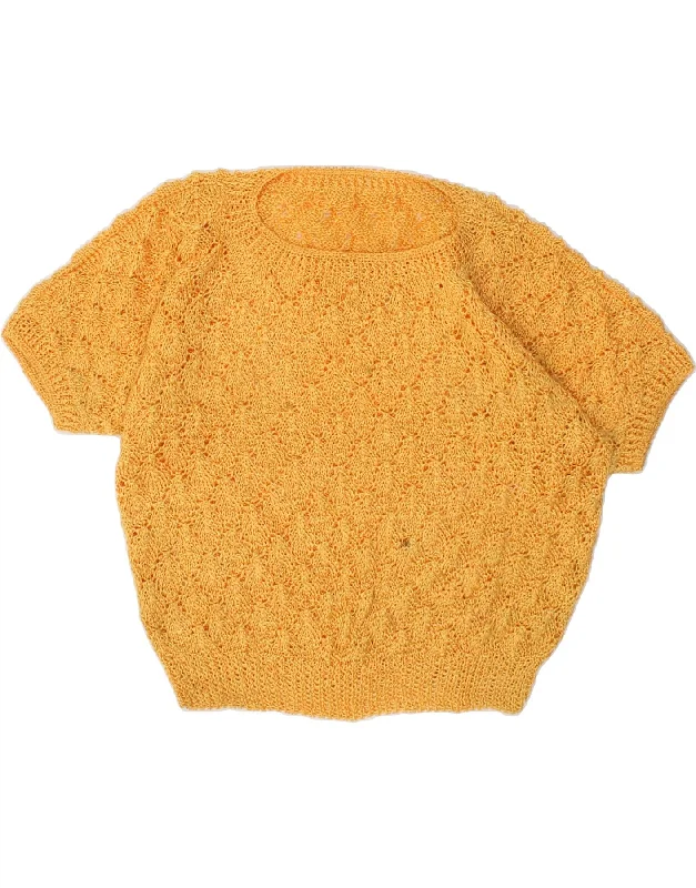 VINTAGE Womens Short Sleeve Boat Neck Jumper Sweater UK 14 Medium Yellow