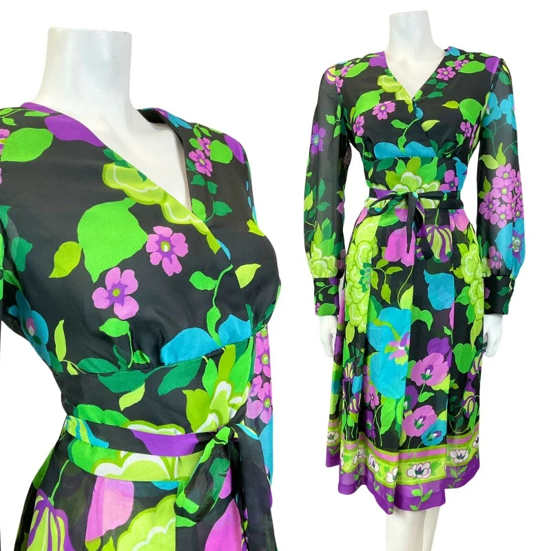 Bonus Savings VINTAGE 60s 70s BLACK GREEN PURPLE FLORAL SHEER FLOATY SWING DRESS 14 16