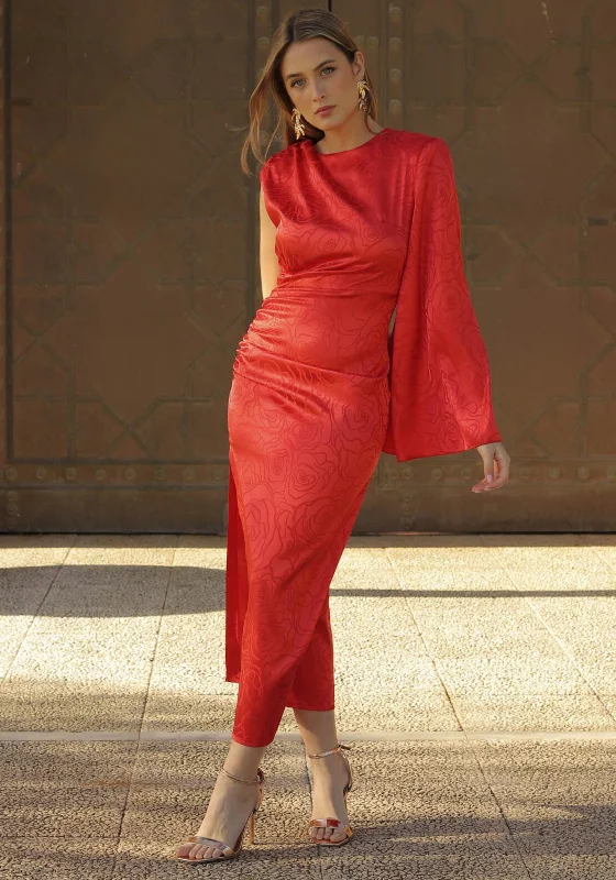 Friends and Family Sale Cayro Dahlia One Sleeve Satin Maxi Dress, Coral Red
