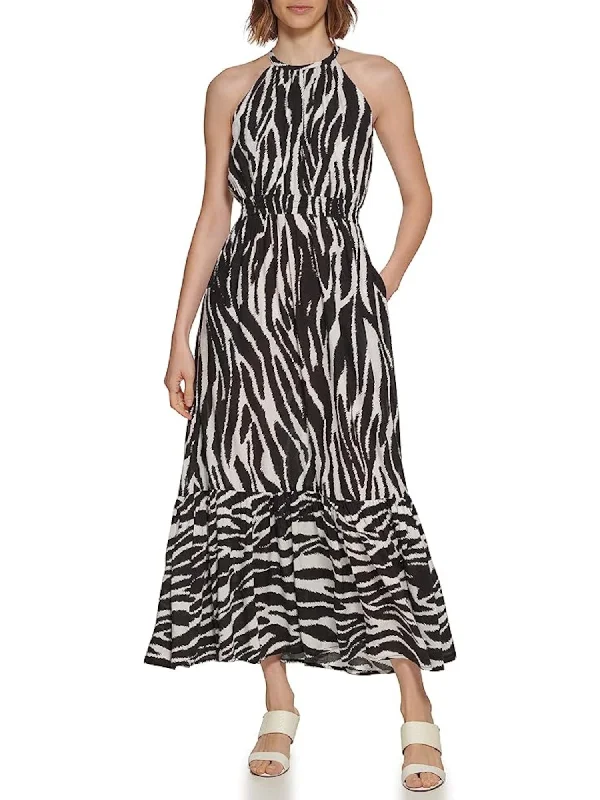 Major Savings CALVIN KLEIN Womens Black Smocked Ruffled Keyhole Closure Unlined Animal Print Sleeveless Halter Tea-Length Evening Fit + Flare Dress