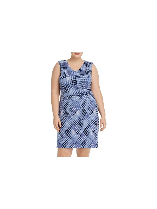 Act Fast NIC+ZOE Womens Blue Stretch Twist Front Lined Tie Dye Sleeveless V Neck Knee Length Wear To Work Sheath Dress