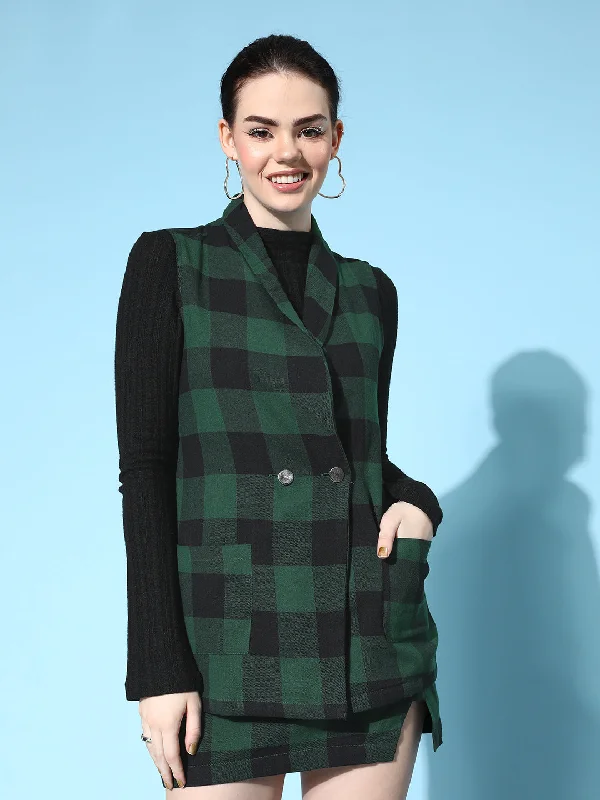 Instant Savings Women Green Flannel Check Sleeveless Blazer