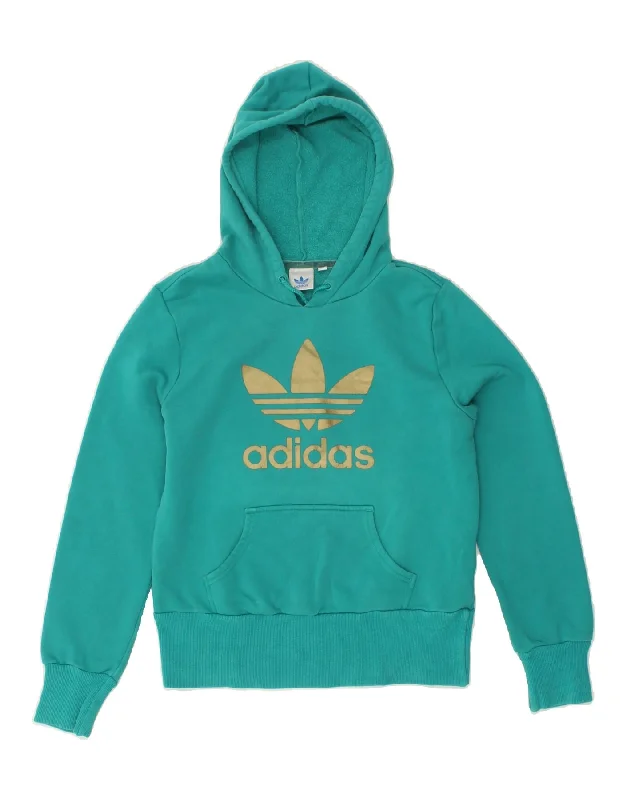 ADIDAS Womens Graphic Hoodie Jumper IT 46 Medium Turquoise Cotton