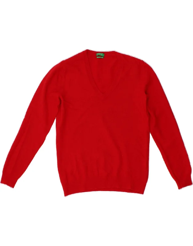 BENETTON Womens V-Neck Jumper Sweater UK 14 Large Red Merino Wool