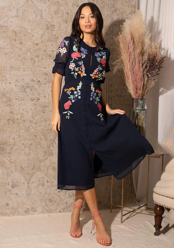 Extra Savings Hope & Ivy Anais Floral Midi Dress, Navy
