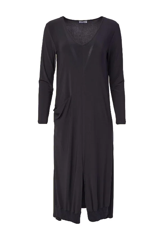 Major Savings Naya V-Neckline, Draped Pocket Midi Dress, Black