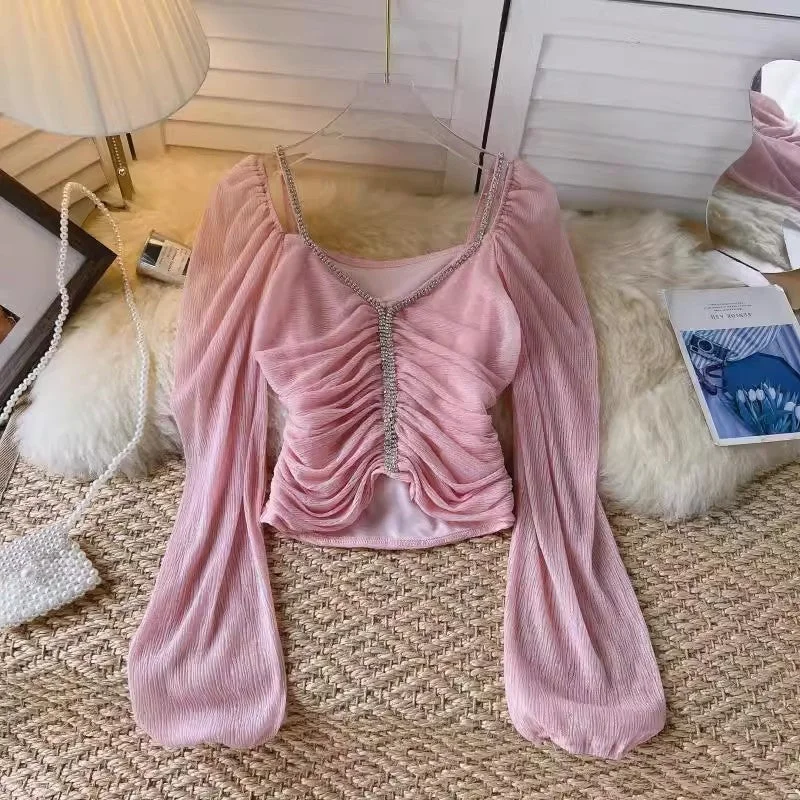 Final Clearance design beaded off-shoulder lantern sleeve shirt top women's short pleated top    S4662
