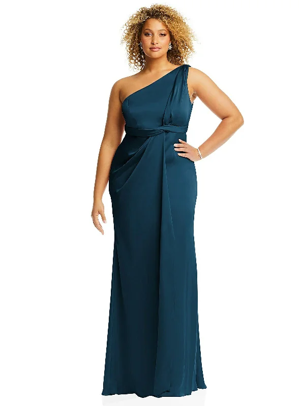 Grand Opening Sale One-Shoulder Draped Twist Empire Waist Trumpet Gown