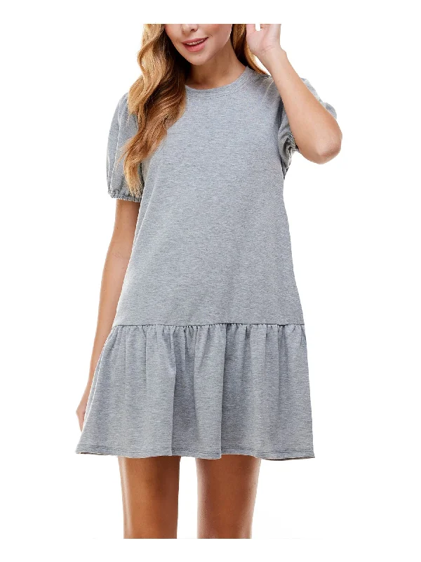 Markdowns KINGSTON GREY Womens Gray Ruffled Short Sleeve Round Neck Short Drop Waist Dress