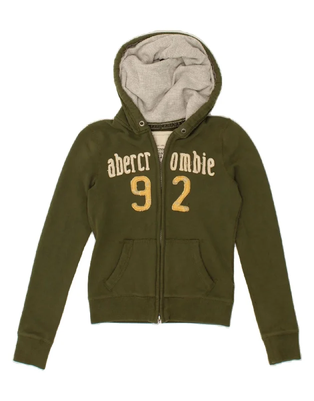 Price Slash ABERCROMBIE & FITCH Womens Graphic Zip Hoodie Sweater UK 14 Large Khaki