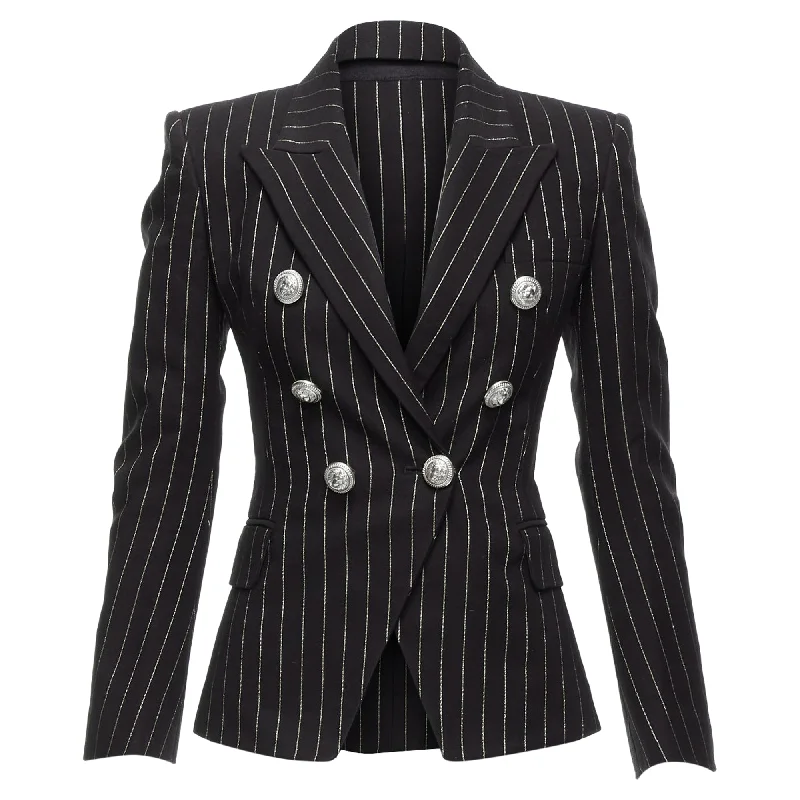 Balmain Metallic Striped Cotton Blend Double Breasted Blazer