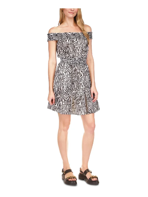 Members Only MICHAEL MICHAEL KORS Womens White Pocketed Smocked Lined Short Sleeve Off Shoulder Short Fit + Flare Dress