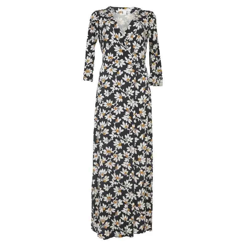Final Sale Diane von Furstenberg Floral Print Long Dress in Black Viscose