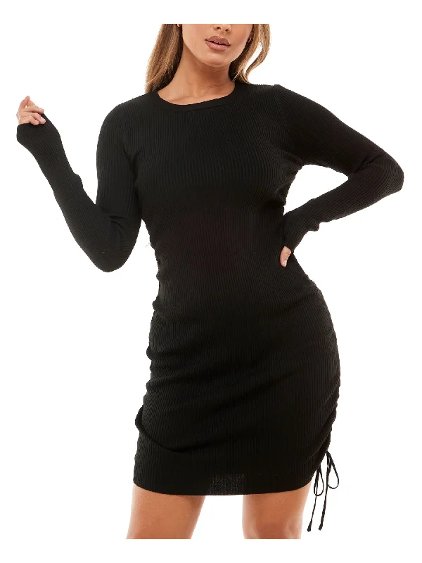 Exclusive Access PLANET GOLD Womens Black Ribbed Tie Adjustable Side Ruching Long Sleeve Scoop Neck Above The Knee Body Con Dress Exclusive Access PLANET GOLD Womens Black Ribbed Tie Adjustable Side Ruching Long Sleeve Scoop Neck Above The Knee Body Con Dress