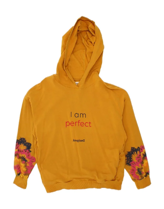 DESIGUAL Womens Graphic Hoodie Jumper UK 14 Medium Yellow Floral Cotton