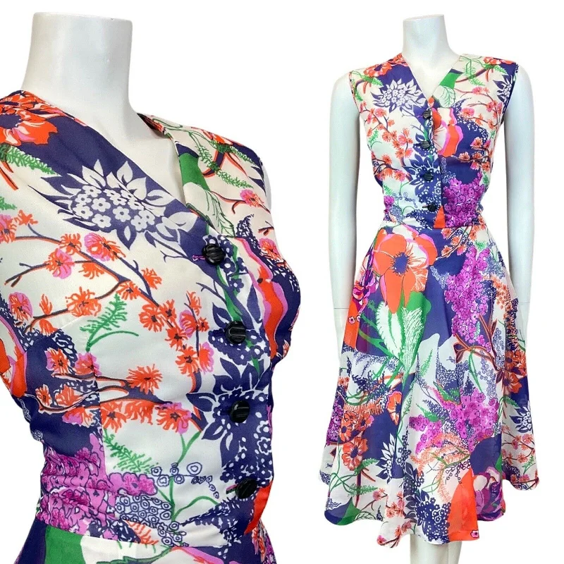 Exclusive Savings VINTAGE 60s 70s PURPLE GREEN RED FLORAL SLEEVELESS FLOATY SWING DRESS 10 12