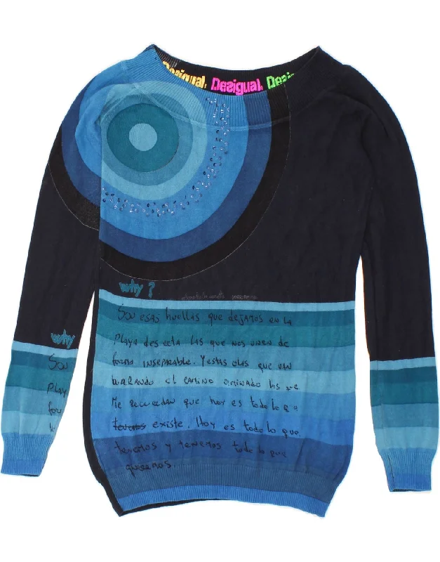 Unbeatable Prices DESIGUAL Womens Boat Neck Jumper Sweater UK 12 Medium Navy Blue
