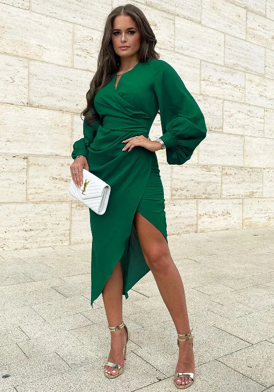 Act Fast Girl in Mind Elsa Balloon Sleeve Wrap Dress, Forest Green