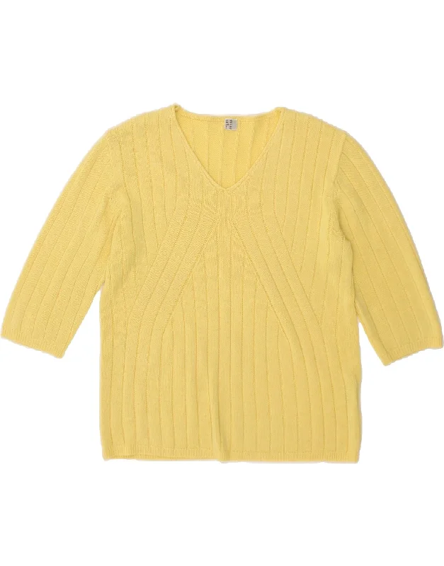 VINTAGE Womens 3/4 Sleeve V-Neck Jumper Sweater UK 20 2XL Yellow