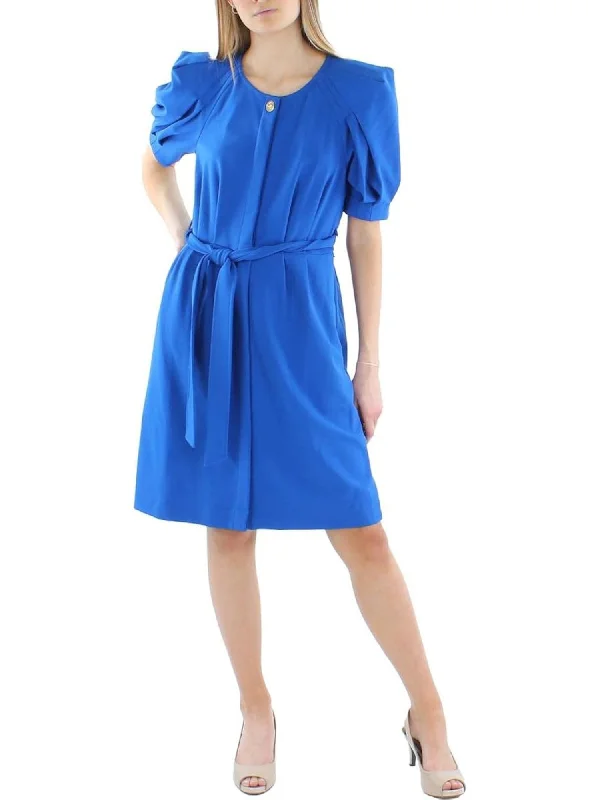 Discount Extravaganza CALVIN KLEIN Womens Blue Tie Pleated Button Up Unlined Shoulder Pads Pouf Sleeve Crew Neck Knee Length Wear To Work Fit + Flare Dress Discount Extravaganza CALVIN KLEIN Womens Blue Tie Pleated Button Up Unlined Shoulder Pads Pouf Sleeve Crew Neck Knee Length Wear To Work Fit + Flare Dress
