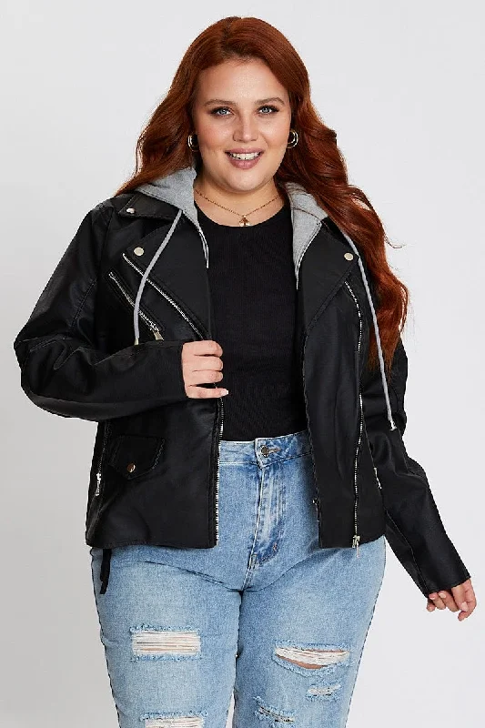 Super Deal Black Jersey Insert Faux Leather Biker Jacket