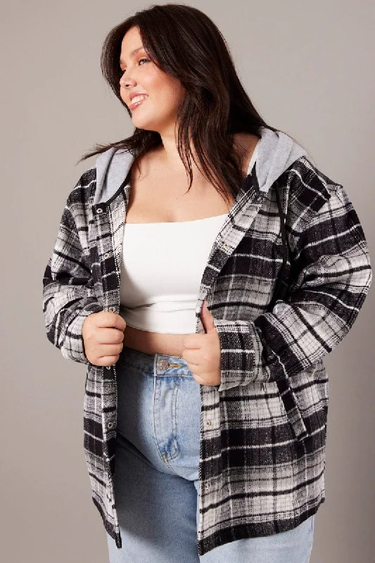 Year-End Sale Black Check Hoodie Shacket