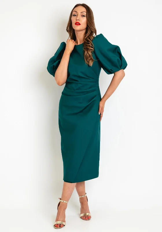 Great Deals Exquise Ruched Waist Pencil Midi Dress, Forest Green