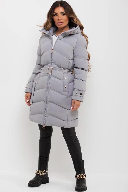 Overstock Grey Long Puffer Coat With Belt And Gold Button Detail