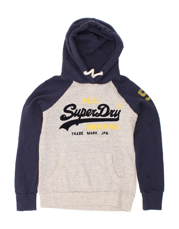 SUPERDRY Womens Graphic Hoodie Jumper UK 10 Small Grey Colourblock Cotton