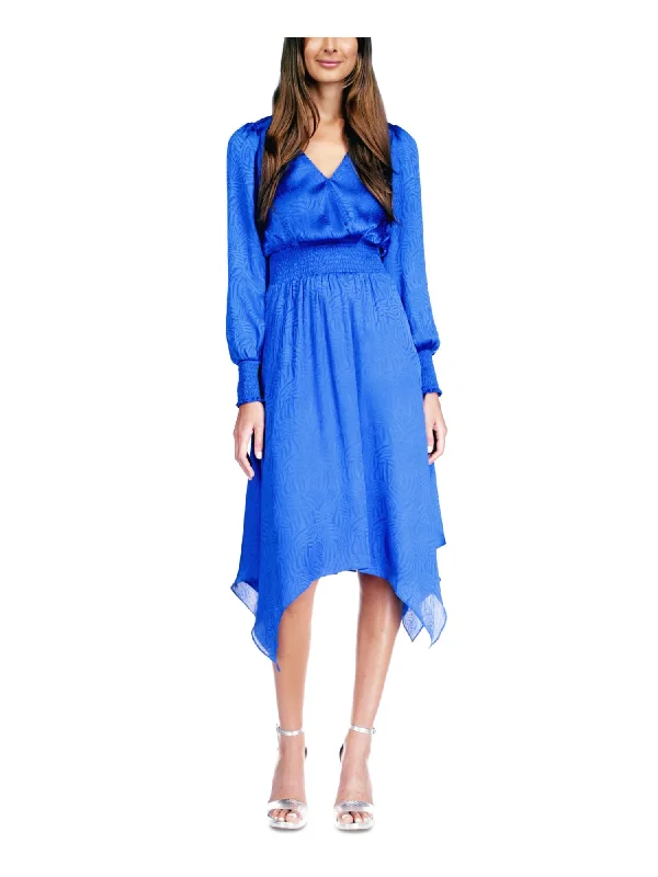 Daily Specials MICHAEL MICHAEL KORS Womens Blue Smocked Sheer Handkerchief Hem Pullover Animal Print Long Sleeve Surplice Neckline Midi Fit + Flare Dress Daily Specials MICHAEL MICHAEL KORS Womens Blue Smocked Sheer Handkerchief Hem Pullover Animal Print Long Sleeve Surplice Neckline Midi Fit + Flare Dress
