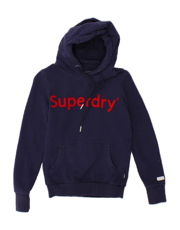 Price Reduction SUPERDRY Womens Graphic Hoodie Jumper UK 6 XS Navy Blue Cotton